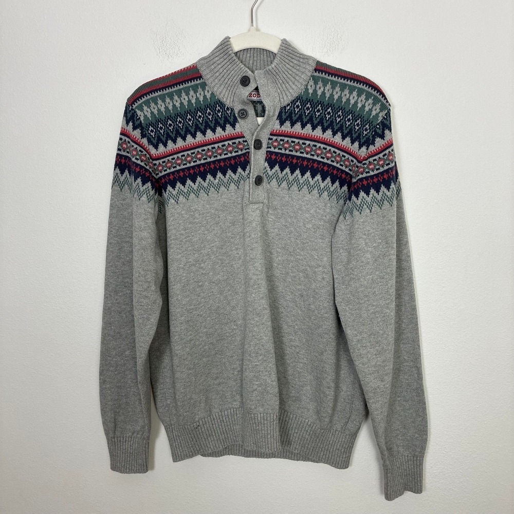 Izod Fair Isle Mock Neck Button Sweater Cotton Men's L Fall Winter Festive Prep